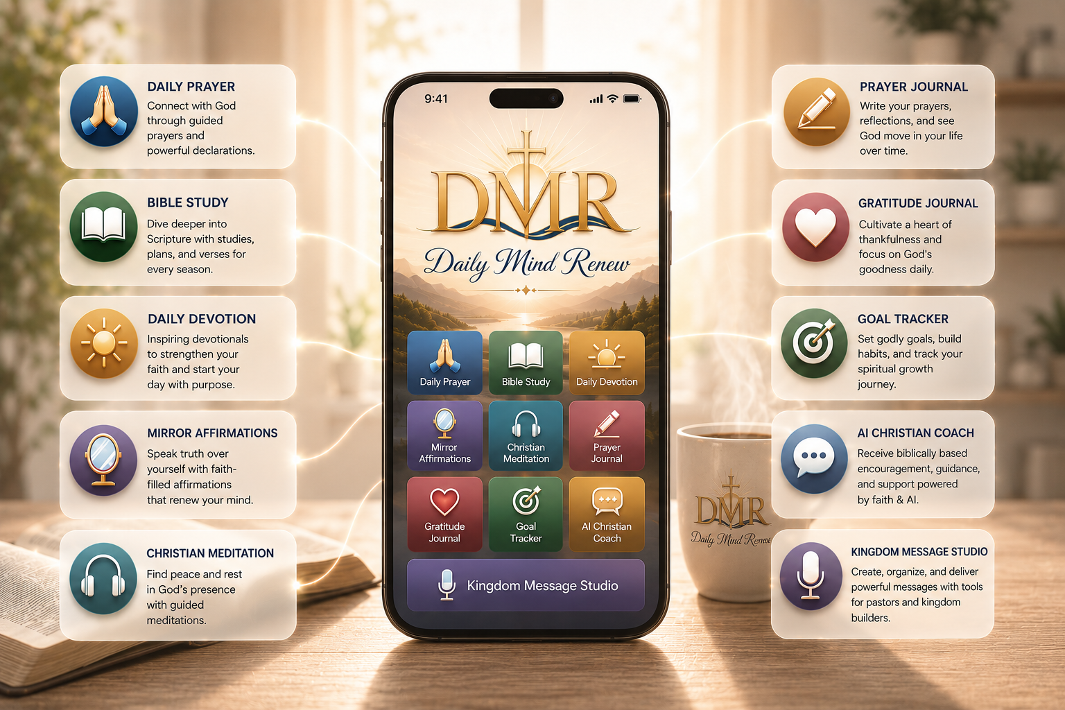 Daily Mind Renew app cover showing a phone mockup with Daily Prayer, Bible Study, Daily Devotion, Mirror Affirmations, Christian Meditation, Prayer Journal, Gratitude Journal, Goal Tracker, AI Encouragement and Kingdom Message Studio