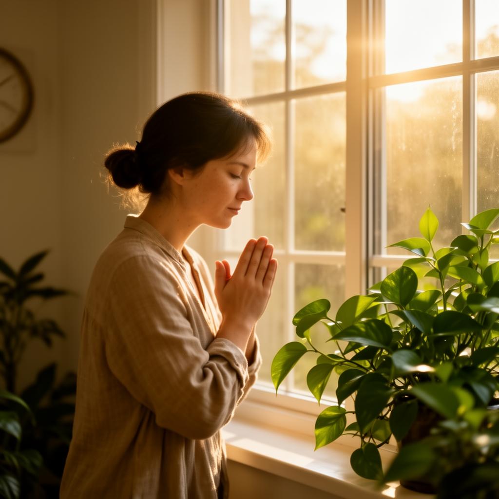 Person praying quietly in soft morning light